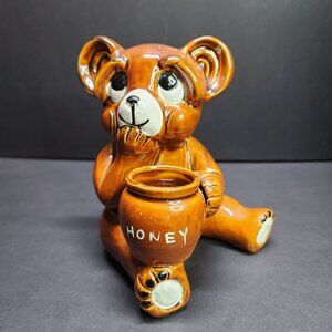 Vintage Bear with Honey Pot Bank Coin Bank Ceramic Glazed Brown 6'' Tall